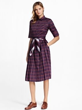 Brooks Brothers Purple Short-Sleeve Pleated Collared Midi Shirt Dress Women's 10